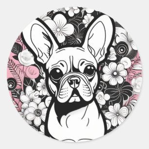 Pegatina Redonda Flores de arte pop y Bulldog francés