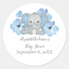 Pegatina Redonda Flores de Baby Shower de Elefante Niño Azul Globo