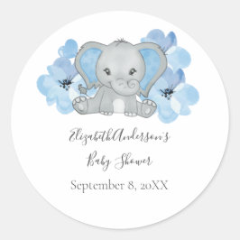 Pegatina Redonda Flores de Baby Shower de Elefante Niño Azul Globo