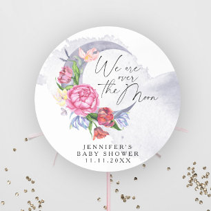 Pegatina Redonda Flores de baby shower sobre la luna