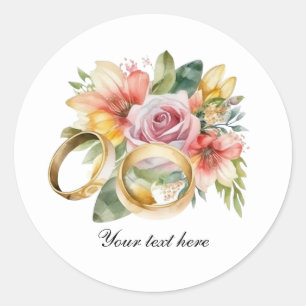 Pegatina Redonda Flores de boda elegantes y anillos personalizables
