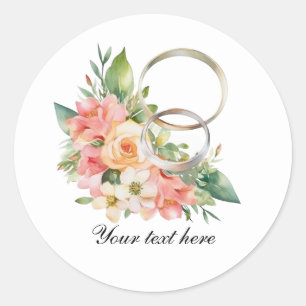 Pegatina Redonda Flores de boda elegantes y anillos personalizables