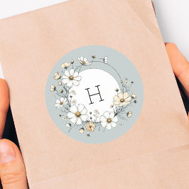 Pegatina Redonda Flores de Boho en monograma verde sabio personaliz