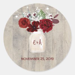 Pegatina Redonda Flores de Borgoña Boda Rústico Mason Jar