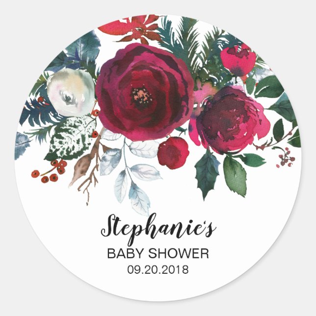 Pegatina Redonda Flores de borgoña en invierno acuarela (Anverso)
