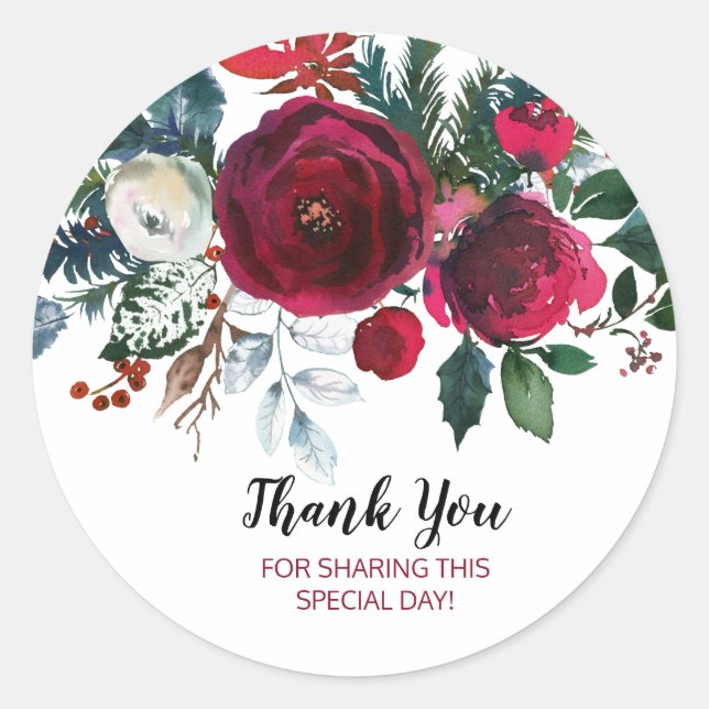 Pegatina Redonda Flores de borgoña en invierno acuarela (Anverso)