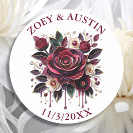 Pegatina Redonda Flores de Borgoña, Follaje y Perlas Personalizadas