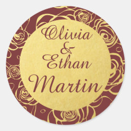 Pegatina Redonda Flores de Borgoña y Relieve metalizado dorado