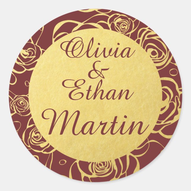 Pegatina Redonda Flores de Borgoña y Relieve metalizado dorado (Anverso)