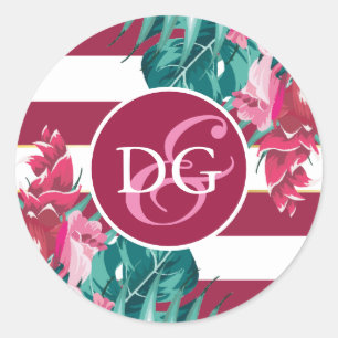 Pegatina Redonda Flores de burdeos exóticas a rayas monograma
