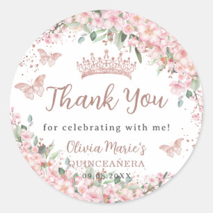 Pegatina Redonda Flores de cerezo Rosa Mariposas de oro Quinceañera