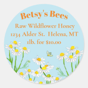 Pegatina Redonda Flores De Chamomile Abejas Miel En Venta