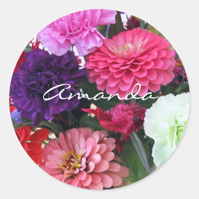 Pegatina Redonda Flores de clavel y zinnia (Anverso)