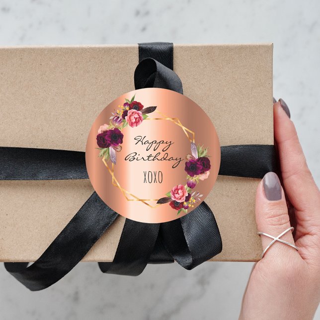 Pegatina Redonda Flores de cobre de cumpleaños oro borgoña geométri (Subido por el creador)