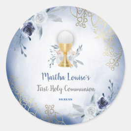 Pegatina Redonda flores de color azul de la primera comunión