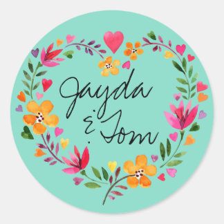 Pegatina Redonda Flores de color de agua Wreath | CAMBIAR EL COLOR