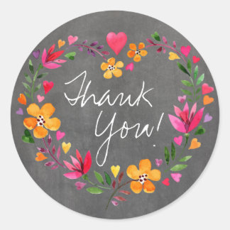 Pegatina Redonda Flores de color de agua Wreath | gris de pizarra