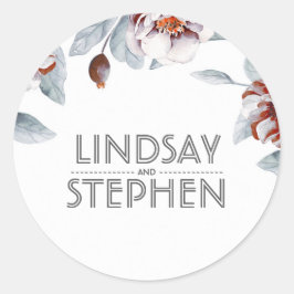 Pegatina Redonda Flores de color púrpura de plumas Elegante Boda