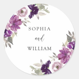 Pegatina Redonda Flores de color violeta púrpura acuarela Bodas par