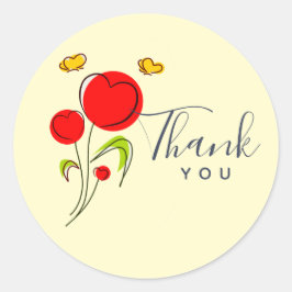 Pegatina Redonda Flores de corazón rojo y mariposas amarillas