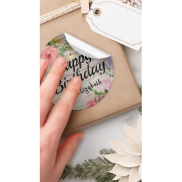 Pegatina Redonda Flores de cumpleaños felices luces de cuerda de ma