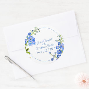 Pegatina Redonda Flores de delfinio azul acuarela boda de arte