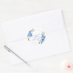 Pegatina Redonda Flores de delfinio azul acuarela boda de arte