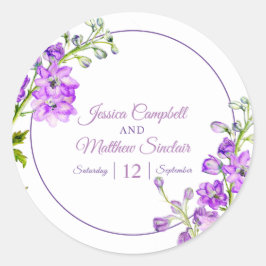 Pegatina Redonda Flores de delfinio color de agua púrpura boda