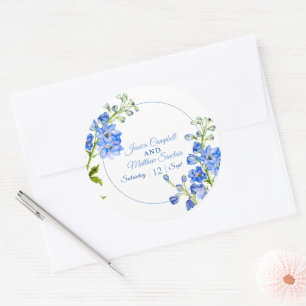 Pegatina Redonda flores de Delphinium arte acuarela azul boda
