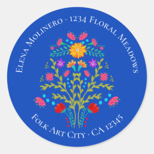 Pegatina Redonda Flores de Fiesta Mexicana Floral Azul Real Direcci