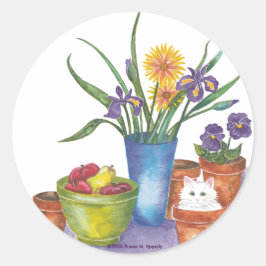 Pegatina Redonda Flores de fruta de gato blanco color de agua "Lili