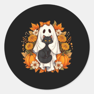Pegatina Redonda Flores de Gato Negro Fantasma de Halloween