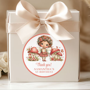 Pegatina Redonda Flores de Hada Dulces Rosadas Cumpleaños Gracias P