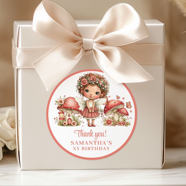 Pegatina Redonda Flores de Hada Dulces Rosadas Cumpleaños Gracias P (Sweet Fairy Pink Flowers Birthday Thank You Stickers)