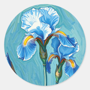 Pegatina Redonda Flores de Iris Azul Patrón Artístico
