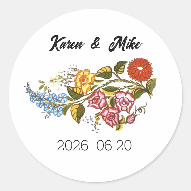 Pegatina Redonda Flores de Kalocsai elegantes - personalizadas (Anverso)