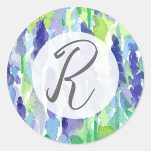 Pegatina Redonda Flores de Lavanda con Monograma para Escritura de 