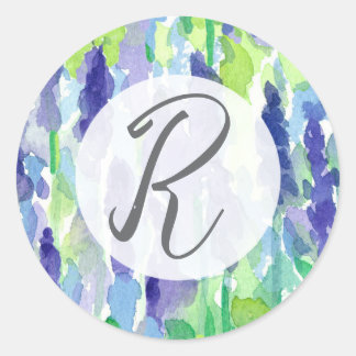 Pegatina Redonda Flores de Lavanda con Monograma para Escritura de
