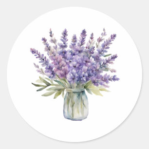 Pegatina Redonda Flores de lavanda en una acuarela de jabón