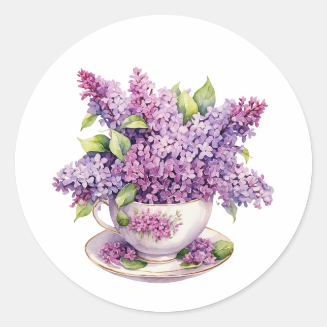 Pegatina Redonda Flores de Lilac florecientes en una taza de té (Anverso)