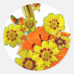 Pegatina Redonda flores de lirio naranja y margarita
