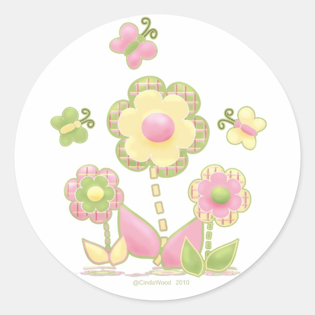 Pegatina Redonda Flores de manantial y mariposas en Pegatinas (Anverso)