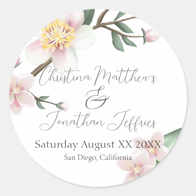 Pegatina Redonda Flores de manzano románticas en acuarela (Anverso)