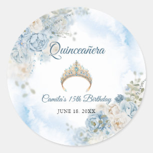 Pegatina Redonda Flores de marfil azul y turquesa Quinceanera Cumpl