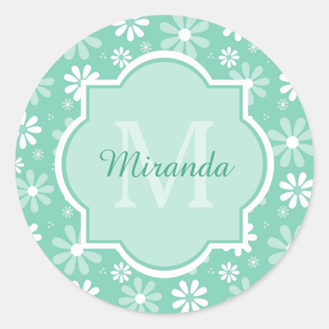 Pegatina Redonda Flores de margarita blanca monograma con nombre (Anverso)