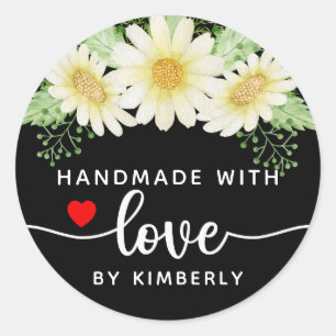 Pegatina Redonda Flores de margarita hechas a mano con amor Classic