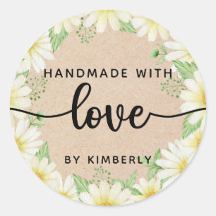 Pegatina Redonda Flores de margarita hechas a mano con amor Classic