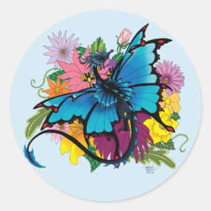 Pegatina Redonda Flores de mariposa azul Dragon
