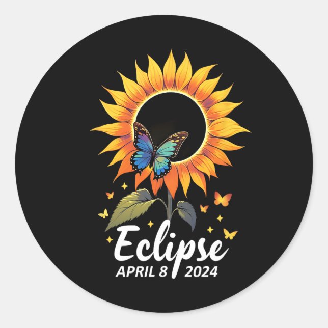 Pegatina Redonda Flores de mariposas de girasol Eclipse solar total (Anverso)