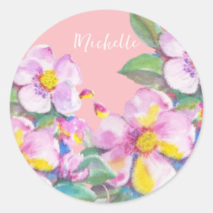 Pegatina Redonda Flores de melocotón artísticas acuarela personaliz